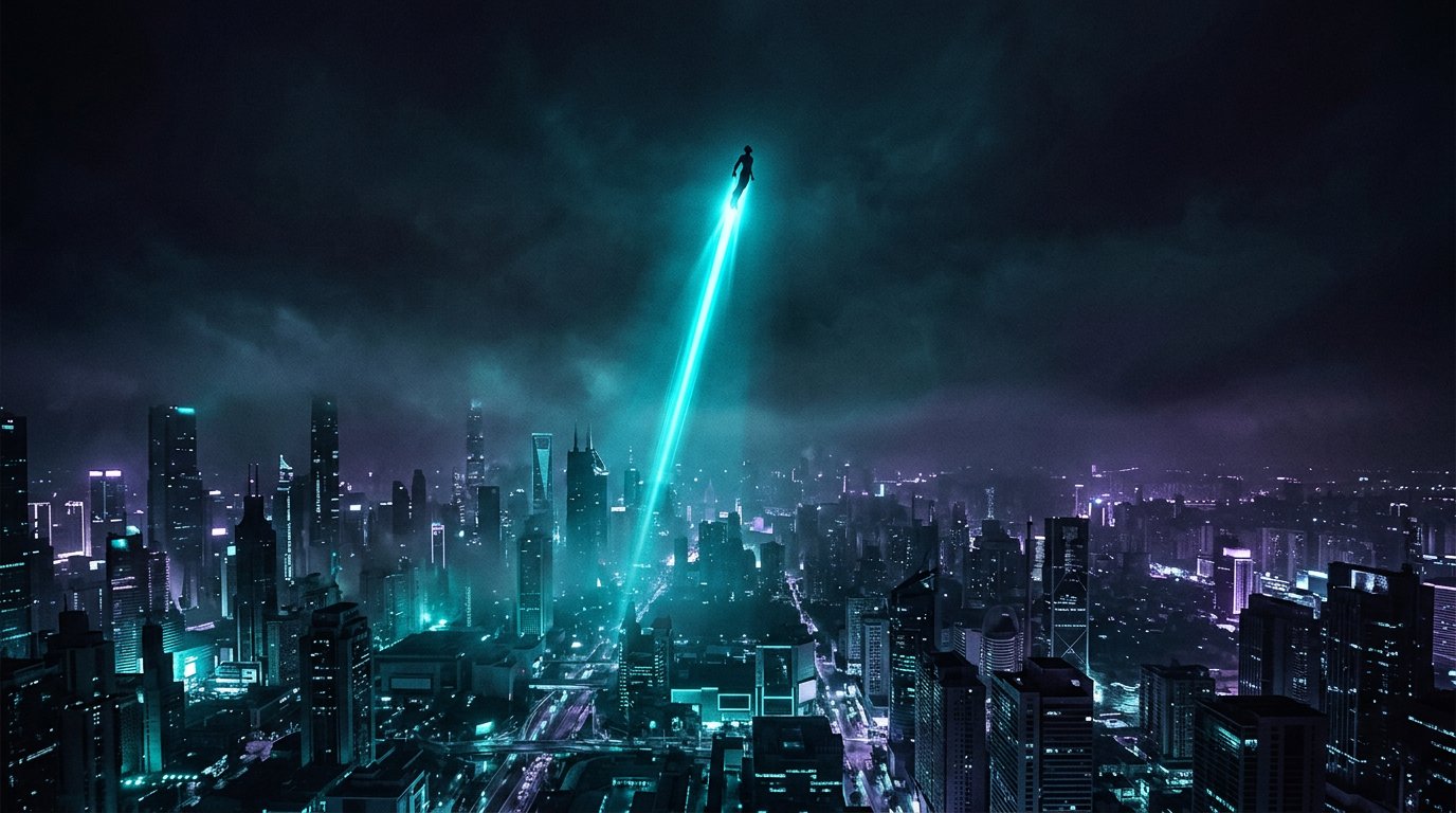 A lone figure flying above a neon megacity