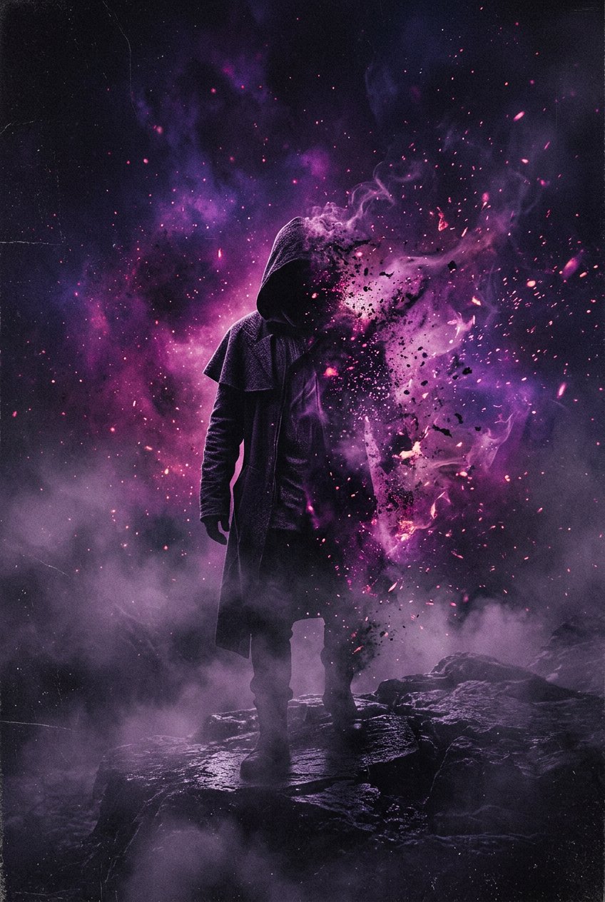 A figure dissolving into violet particles